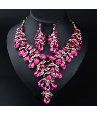 U. S. Fashion Jewelry Exaggerated Dinner Accessories Rhinestone Necklace Earrings Set - Fuchsia