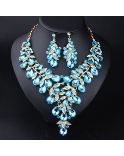 U. S. Fashion Jewelry Exaggerated Dinner Accessories Rhinestone Necklace Earrings Set - Blue