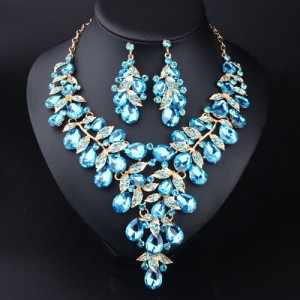 U. S. Fashion Jewelry Exaggerated Dinner Accessories Rhinestone Necklace Earrings Set - Blue