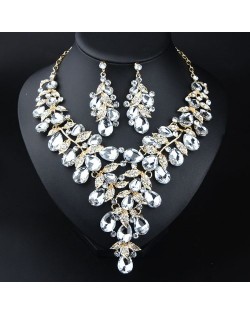 U. S. Fashion Jewelry Exaggerated Dinner Accessories Rhinestone Necklace Earrings Set - White