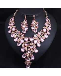 U. S. Fashion Jewelry Exaggerated Dinner Accessories Rhinestone Necklace Earrings Set - Pink
