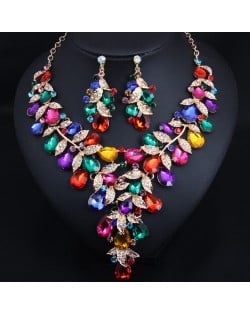 U. S. Fashion Jewelry Exaggerated Dinner Accessories Rhinestone Necklace Earrings Set - Multicolor