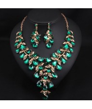 U. S. Fashion Jewelry Exaggerated Dinner Accessories Rhinestone Necklace Earrings Set - Green