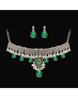 Vintage French Style Green Rhinestone Water Drop Necklace Earrings Set