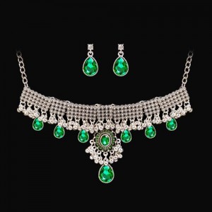 Vintage French Style Green Rhinestone Water Drop Necklace Earrings Set