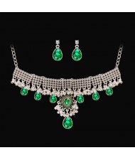 Vintage French Style Green Rhinestone Water Drop Necklace Earrings Set