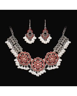 Vintage French Style Hollow-out Red Flower Design Necklace Earrings Set