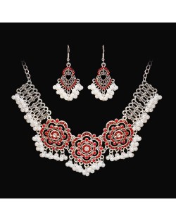 Vintage French Style Hollow-out Red Flower Design Necklace Earrings Set