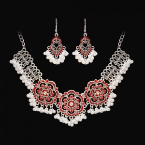 Vintage French Style Hollow-out Red Flower Design Necklace Earrings Set