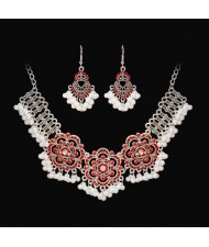 Vintage French Style Hollow-out Red Flower Design Necklace Earrings Set