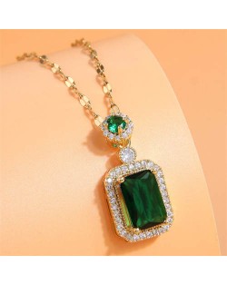 Korean Fashion Luxurious Square Cubic Zirconia Pendant Design Shining Costume Necklace - Green