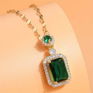 Korean Fashion Luxurious Square Cubic Zirconia Pendant Design Shining Costume Necklace - Green