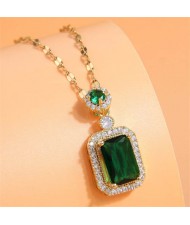 Korean Fashion Luxurious Square Cubic Zirconia Pendant Design Shining Costume Necklace - Green