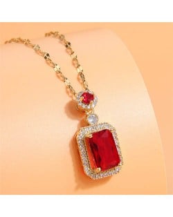 Korean Fashion Luxurious Square Cubic Zirconia Pendant Design Shining Costume Necklace - Red