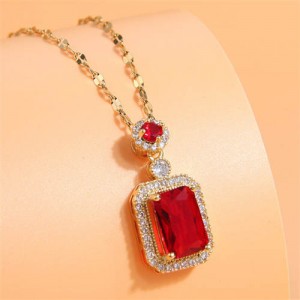 Korean Fashion Luxurious Square Cubic Zirconia Pendant Design Shining Costume Necklace - Red