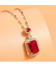 Korean Fashion Luxurious Square Cubic Zirconia Pendant Design Shining Costume Necklace - Red