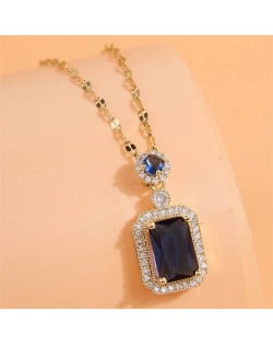 Korean Fashion Luxurious Square Cubic Zirconia Pendant Design Shining Costume Necklace - Dark Blue