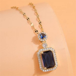 Korean Fashion Luxurious Square Cubic Zirconia Pendant Design Shining Costume Necklace - Dark Blue
