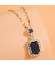 Korean Fashion Luxurious Square Cubic Zirconia Pendant Design Shining Costume Necklace - Dark Blue