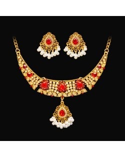 Vintage Ethnic Style Pearl with Ruby Drop Wholesale Necklace Earrings Set