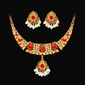 Vintage Ethnic Style Pearl with Ruby Drop Wholesale Necklace Earrings Set