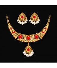 Vintage Ethnic Style Pearl with Ruby Drop Wholesale Necklace Earrings Set