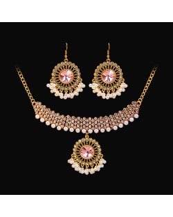 Vintage Design Pink Rhinestone Flower Pendant  Wholesale Necklace Earrings Set