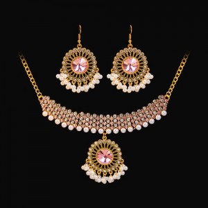 Vintage Design Pink Rhinestone Flower Pendant  Wholesale Necklace Earrings Set