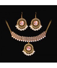 Vintage Design Pink Rhinestone Flower Pendant  Wholesale Necklace Earrings Set