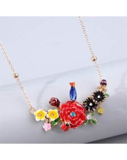 Korean Fashion Prosperous Flower and Bird Combo Pendant Wholesale Costume Necklace - Blue