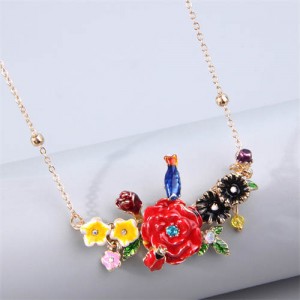Korean Fashion Prosperous Flower and Bird Combo Pendant Wholesale Costume Necklace - Blue