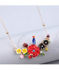 Korean Fashion Prosperous Flower and Bird Combo Pendant Wholesale Costume Necklace - Blue