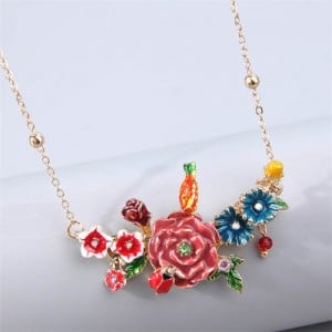 Korean Fashion Prosperous Flower and Bird Combo Pendant Wholesale Costume Necklace - Red