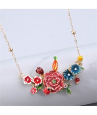 Korean Fashion Prosperous Flower and Bird Combo Pendant Wholesale Costume Necklace - Red
