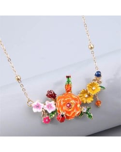 Korean Fashion Prosperous Flower and Bird Combo Pendant Wholesale Costume Necklace - Orange
