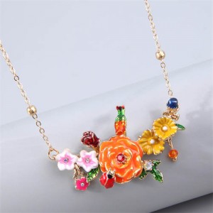 Korean Fashion Prosperous Flower and Bird Combo Pendant Wholesale Costume Necklace - Orange