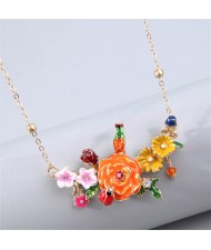 Korean Fashion Prosperous Flower and Bird Combo Pendant Wholesale Costume Necklace - Orange