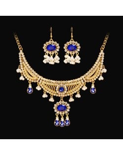 Vintage French Style Sapphire Jewelry Set Pearl Drop Pendant Statement Necklace Earrings Set