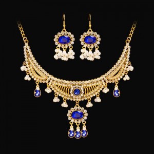 Vintage French Style Sapphire Jewelry Set Pearl Drop Pendant Statement Necklace Earrings Set