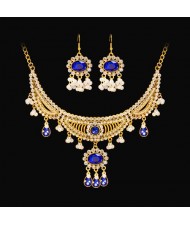 Vintage French Style Sapphire Jewelry Set Pearl Drop Pendant Statement Necklace Earrings Set