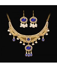 Vintage French Style Sapphire Jewelry Set Pearl Drop Pendant Statement Necklace Earrings Set