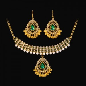 Vintage Design Green Water Drop Pendant Wholesale Fashion Necklace Earrings Jewelry Set