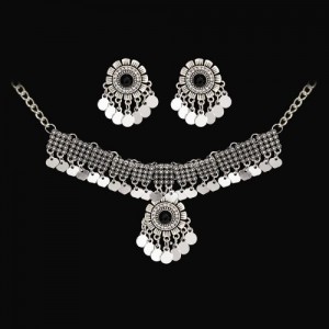 Vintage Silver Color Tassel Pendant Wholesale Statement Necklace Earrings Jewelry Set