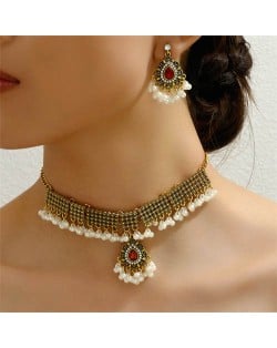 E.U. and U.S. Vintage Fashion Pearl Tassel Waterdrop Pendant Statement Necklace and Earrings Set - Red