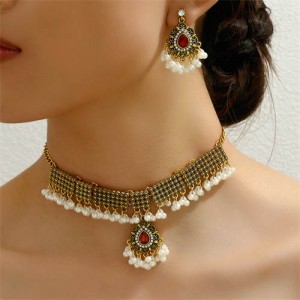 E.U. and U.S. Vintage Fashion Pearl Tassel Waterdrop Pendant Statement Necklace and Earrings Set - Red