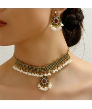 E.U. and U.S. Vintage Fashion Pearl Tassel Waterdrop Pendant Statement Necklace and Earrings Set - Red