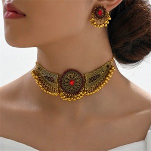 Vintage Bohemian Fashion Rhinestone Inlaid Beads Tassel Wholesale Statement Necklace and Earrings Set - Red