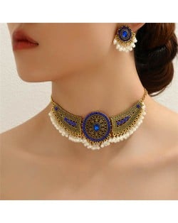 Vintage Bohemian Fashion Rhinestone Inlaid Beads Tassel Wholesale Statement Necklace and Earrings Set - Blue