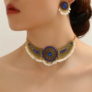 Vintage Bohemian Fashion Rhinestone Inlaid Beads Tassel Wholesale Statement Necklace and Earrings Set - Blue