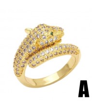 European Bold Fashion Cubic Zirconia Leopard Moulding Open-end Statement Ring - Design A